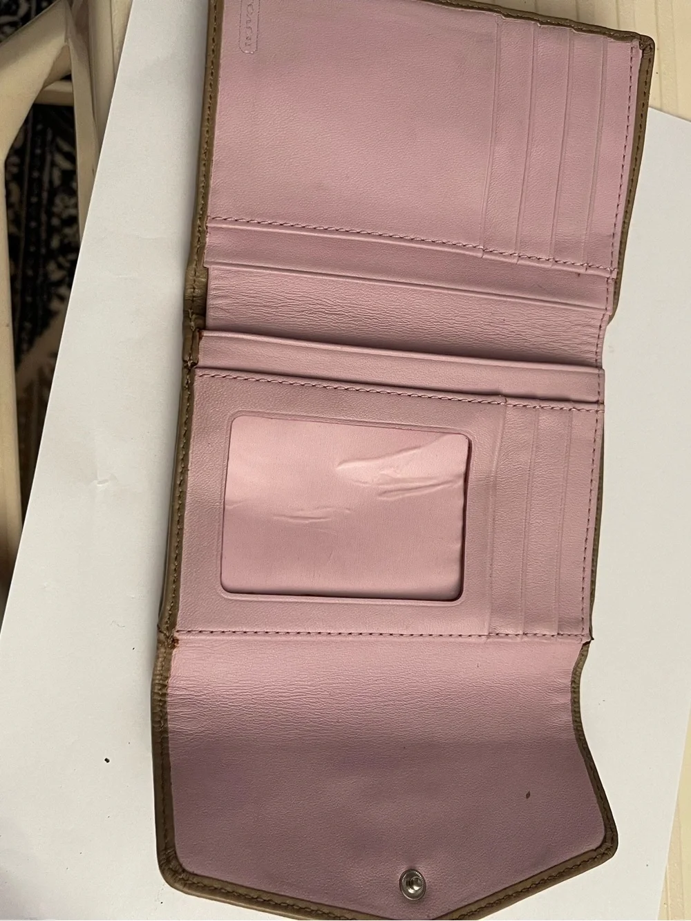Coach Pink and Taupe Circle Print Trifold Wallet with Logo Charm
